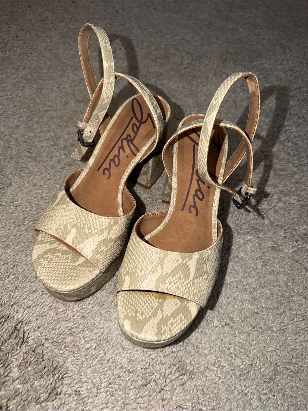 Zodiac Beige Snake-Print Platform Slingback Heels